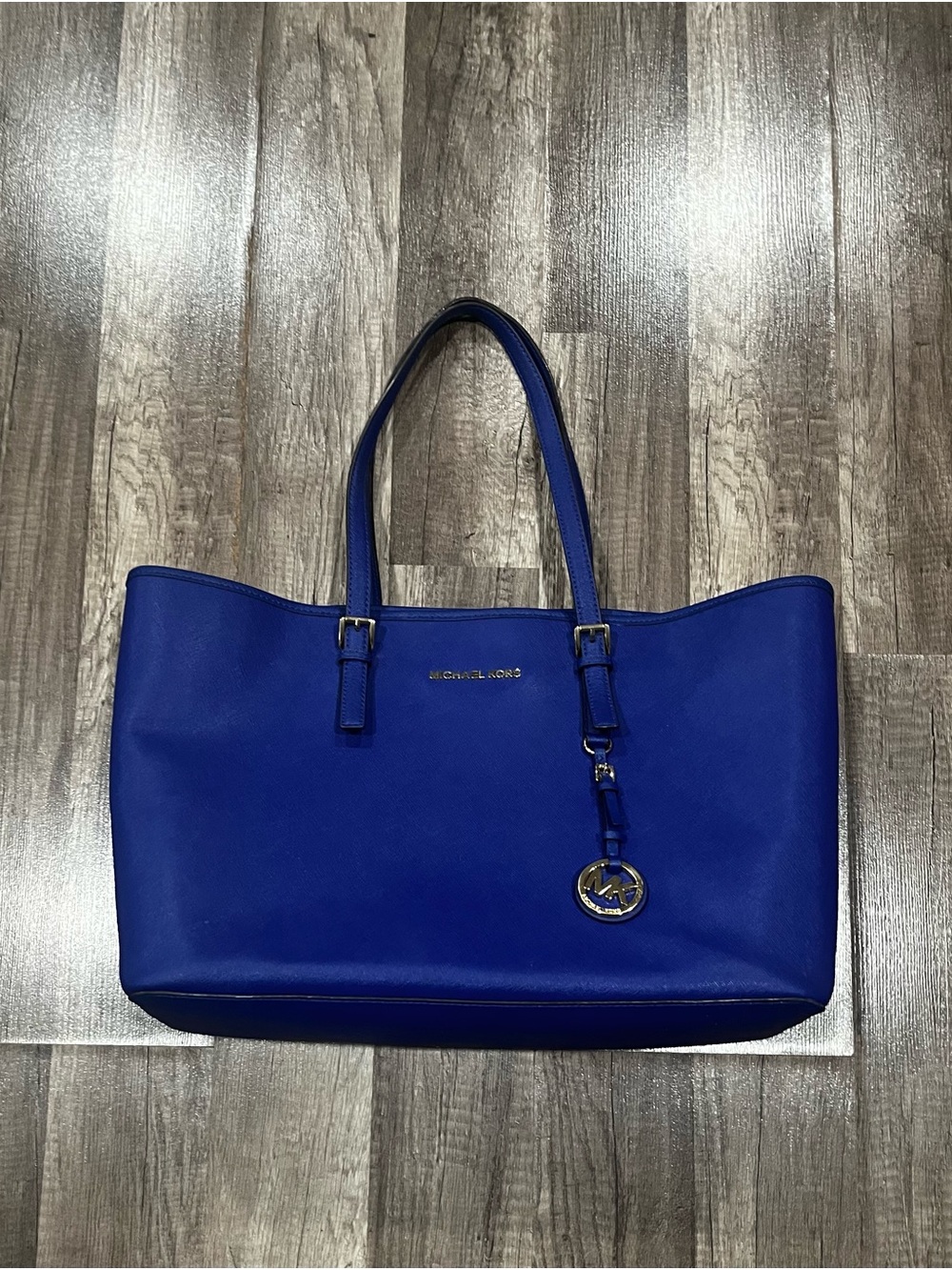 Michael Kors Blue Leather Tote with Gold-Tone Logo Charm